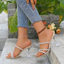 Women's New Arrivals Fashionable Sexy Summer Slip-On High Heel Sandals, Glitter Rhinestone Strap Sandals, Glamorous Crystal Wedge Platform Sandals, Round Toe Slip-On Rhinestone Sandals, Soft Padded Insole, Lightweight & Comfortable, 3.5" Slim Heel, Suitable For Summer/Casual/Outing/Party/Queuing - Gold - View 4
