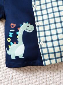 3pcs/Set Cute Cartoon Little Dinosaur Print & Plaid Splice Stand Collar Short Sleeve Shirt, Solid Color Shorts And Small Brimmed Hat