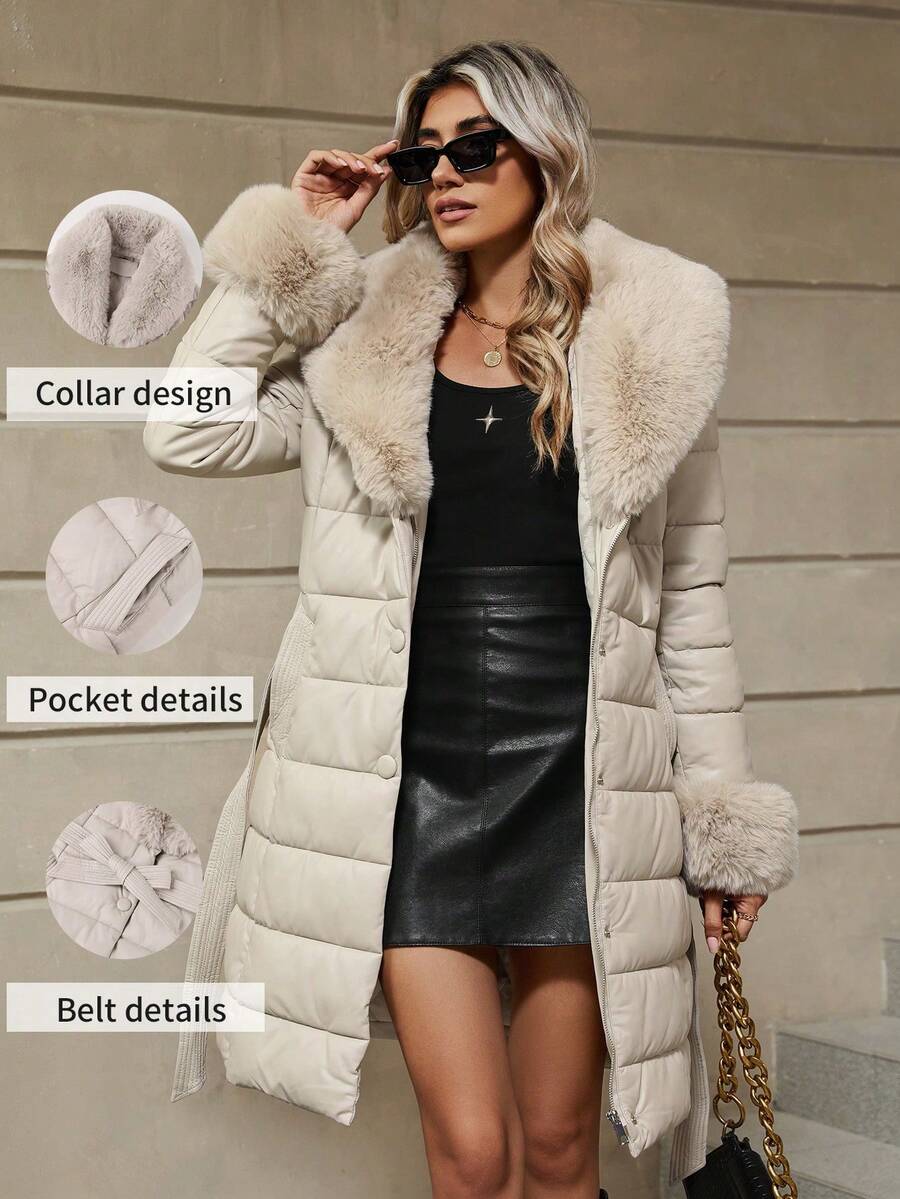 Giolshon Ladies' Simple And Versatile Outdoor And Commuting Padded Jacket With Fur Collar, And Stylish, Includes Belt As Gift - Beige - View 1