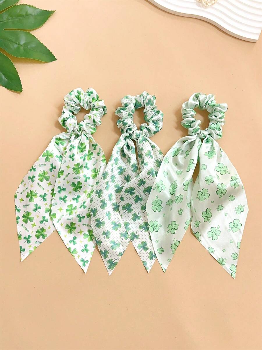 3pcs St. Patrick's Day Fabric Clover Print Scrunchies, Fit For Holiday Party, Ponytail, Bun Hairstyles, Bohemian Party Hair Accessories - Multicolor - View 1