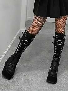 Women Gothic Punk Knee High Boots Wedges High Heel Platform Halloween Motorcycle Shoes Luxury Long Booties - 黑色 - 查看 4