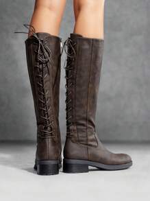 Women's Lace Up Knee High Boots Low Block Heel Riding Motorcycle Outdoor Combat Boots Round Toe Side Zipper Festival Fall Boots - Brown - View 2