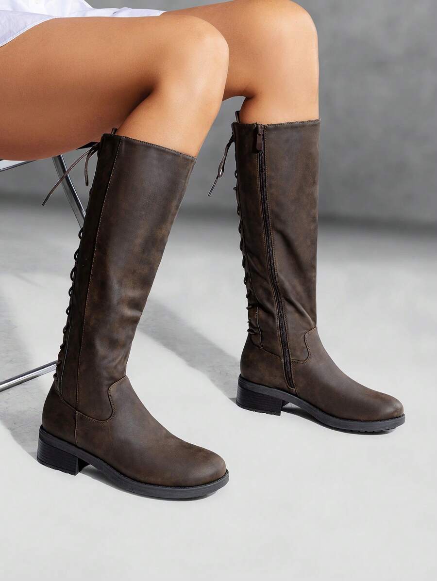 Women's Lace Up Knee High Boots Low Block Heel Riding Motorcycle Outdoor Combat Boots Round Toe Side Zipper Festival Fall Boots - Brown - View 1