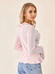 Women Long Sleeve Crop Tops Button Front Ruffle Cardigan Fitted Shirt For Club Streetwear Aesthetic Clothes - Pink - View 10