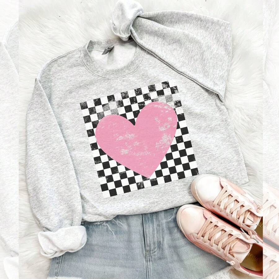 Retro Checkered Heart Sweatshirt, Cute Teacher Valentine Tee, Women's Valentines Day Crewneck, Love Day, Valentine Gift, - Grey - View 1