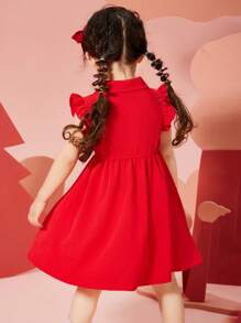 ASK JUNIOR Young Girls Summer Vacation Cartoon Print Princess Dress, Flounced Sleeve, Cute School Style For Little Girls - Red - View 4