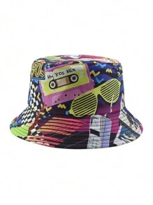 Cappello a secchiello unisex reversibile, in stile retrò anni '90 e '80, design con motivo vintage, cappello a secchiello casual da streetwear
