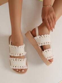 Giày sandal đế xuồng cho nữ, Giày sandal đế thấp đế xuồng, Giày sandal hình thang có dây buộc tua rua, Giày mules du lịch đi biển đa năng cho ngày lễ, Mùa hè - Màu be - Xem 3