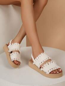 Giày sandal đế xuồng cho nữ, Giày sandal đế thấp đế xuồng, Giày sandal hình thang có dây buộc tua rua, Giày mules du lịch đi biển đa năng cho ngày lễ, Mùa hè - Màu be - Xem 2