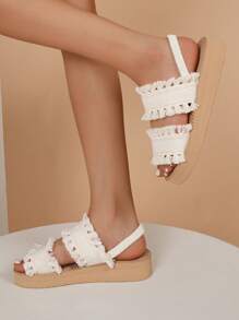 Giày sandal đế xuồng cho nữ, Giày sandal đế thấp đế xuồng, Giày sandal hình thang có dây buộc tua rua, Giày mules du lịch đi biển đa năng cho ngày lễ, Mùa hè - Màu be - Xem 5
