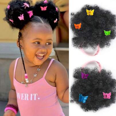 Tóc giả trẻ em Tóc đuôi ngựa trẻ em Tóc xoăn xoăn Afro phồng đôi cho trẻ sơ sinh Tóc tổng hợp màu đen tự nhiên cho trẻ em (Màu đen tự nhiên .3 inch (Gói 2))