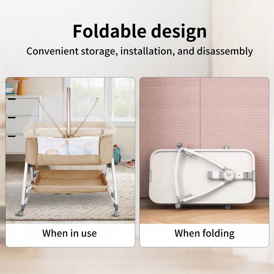 Night Bed 80x40cm, Extendable Side Bed, Collapsible Baby Cradle Cododo, 6-Way Height Adjustable And Mobile With Wheels, Lower Storage Basket, A-Shaped Feet, Mosquito Net, Side Zipper Can Be Completely Lowered, 360 Degree Rotating Wheels, Gray / Beige - 米色 - 查看 1