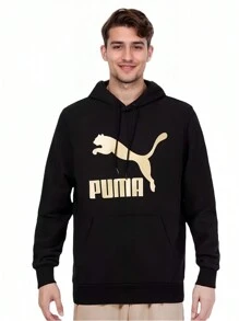 Puma Gold Label Logo Hooded Training Casual Sweatshirt Knitted Sports Pullover - Black Gold - View 2