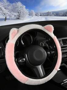 1 件柔软毛绒可爱熊猫/小猫耳朵造型汽车方向盘套，14-15 英寸，粉色/黑色/灰色，汽车内饰配件，冬季 - 均碼 - 查看 3