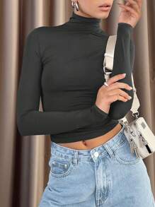 Women's Casual Solid Color Y2K High Collar Long Sleeve T-Shirt, Autumn