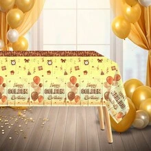 1 件/3 件生日快乐一次性塑料桌布，配有气球、丝带、礼物、时钟、蝴蝶结印花图案、防水、金色主题生日派对装饰，适合室内和室外、生日蛋糕桌面装饰 - 彩色 - 查看 1