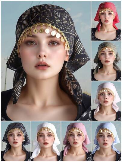 优雅的女士头巾印花头巾，配有金珠和手工链条，时尚的三角形头饰适合主题，轻质头巾，新年礼物