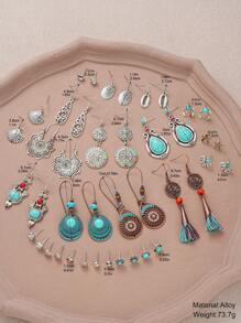 24 pièces/6 pièces Set de boucles d'oreilles résine à pompons bohèmes vintage, boucles d'oreilles à tige et pendantes en forme de cœur, lune, fleur. Convient pour les voyages, les tenues casual quotidiennes