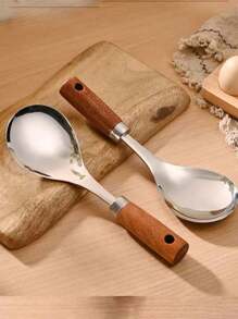 Stainless Steel Rice Spoon, Non-Stick Rice Shovel, Long Handle Serving Spoon, Large Wooden Handle Rice Spoon