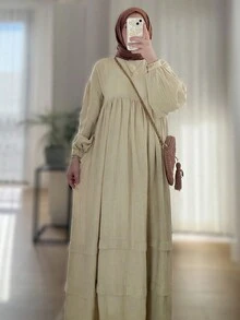 1pc Linen Ruched Layered Casual Loose Fit Round Neck Button Cuff Midi Dress, Suitable For Daily And Festivals - Khaki - View 3