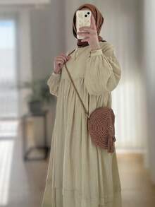 1pc Linen Ruched Layered Casual Loose Fit Round Neck Button Cuff Midi Dress, Suitable For Daily And Festivals - Khaki - View 4