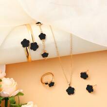 6件套：项链、手链、耳环、戒指，幸运花项链、金耳环、金戒指、金项链、金手链、金手镯，女孩首饰套装，适合返校、派对、节日佩戴