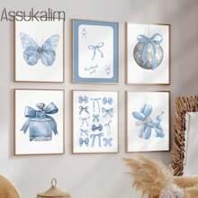 1pc Balloon Puppy Wall Art Blue Butterfly Canvas Painting Picture Bowknot Fashion Perfume Poster Girl BedRoom Decoration No Framed
