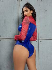 Halloween Cosplay Superhero Sexy Lingerie For Women, Contrast Color Hollow Out Long Sleeve Snap Crotch Bodysuit Costume