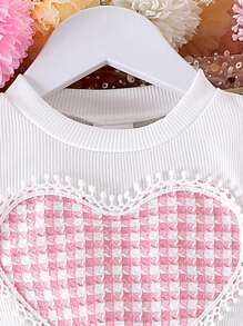 2件套女婴可爱白色罗纹短袖T恤+格子裙套装，轻薄夏季 - 粉色 - 查看 4