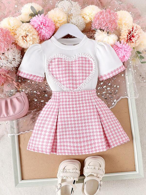 Set de 2 piezas de blusa de manga corta acanalada blanca y falda a cuadros rosas para niña, ligero para el verano