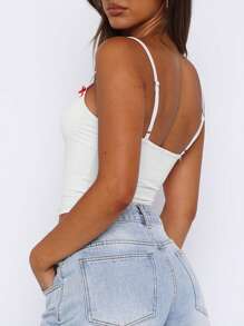 Women's Solid Color Casual Cute Bowknot Camisole Backless Fitted Top, High Elasticity, Adjustable Cami For Spring/Summer, Ruched Crop, Concert Women Rave Festival Daily Wear - White - View 6