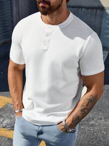 Men's Solid Color Polo Button Knitted Short Sleeve Top, Casual Henley Collar Shirt