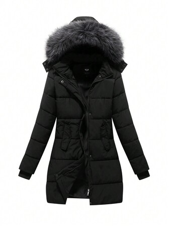 Women's Fashion Detachable Hooded Faux Fur Collar Warm Thick Padded Coat For Winter