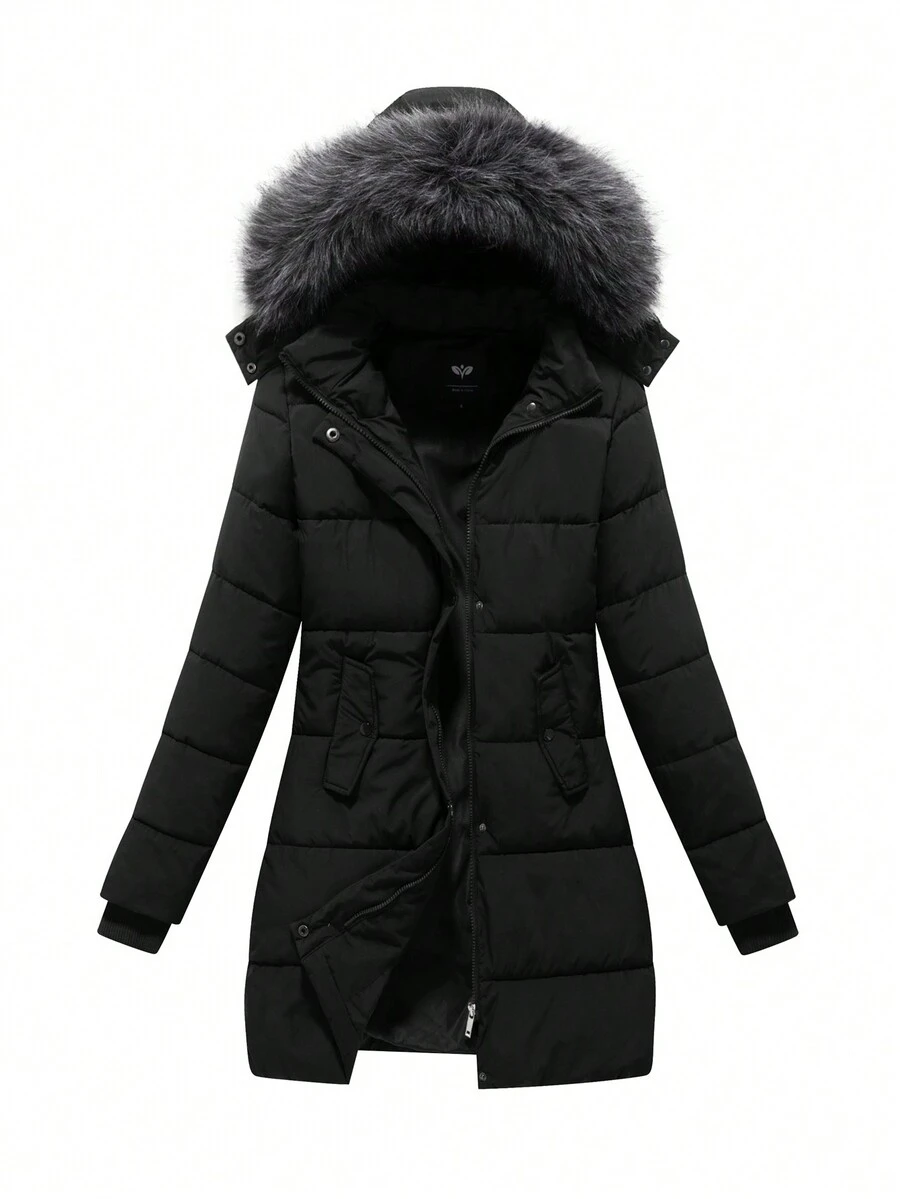 Manteau matelassé épais à capuche amovible et col en fausse fourrure pour femmes, idéal pour l'hiver - Noir - Voir 1