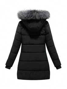 Manteau matelassé épais à capuche amovible et col en fausse fourrure pour femmes, idéal pour l'hiver - Noir - Voir 2