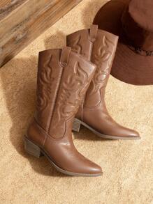 Women'S Cowboy Western Boots Point Toe Pull On Cowgirl Boots  Embroidered Detail Chunky Heeled Spring And Winter Back To School Party Festival Matching Dress Mid Calf CAMEL Boots - 駝色 - 查看 3