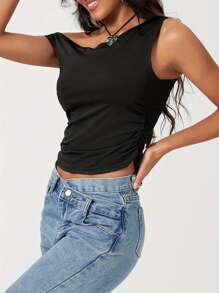 Womens Off Shoulder Ruched Crop Tank Tops One Shoulder Twist Strap Crop Tops Summer Going Out Top Crop Shirts Summer  Streetwear - 黑色 - 查看 5