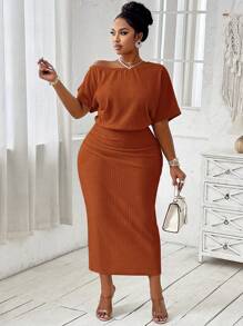 BIUBIU Plus Asymmetrical Neck Batwing Sleeve Dress - Brown - View 6