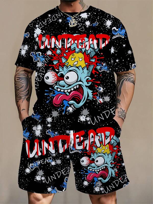 2pcs/Set Men Plus Size Zombie Graphic & Letter Print Stylish T-Shirt & Shorts Set, Suitable For Spring/Summer Casual And Beach Vacation