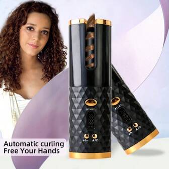 自动卷发器，无绳自动卷发器，带 6 个温度和定时器的陶瓷旋转卷发器，便携式可充电卷发棒，自动关闭，快速加热造型熨斗