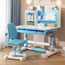 Kids Study Desk & Chair Set, Height Adjustable Children School Study Table Chair Set With Sitting Corrector, Ergonomic Desk Chair With Book Stand, Foot Pedal, Partition Design (Pink, Blue) - Blue - View 10