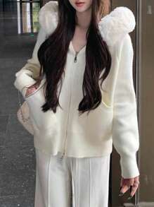 Cozy Fur Collar Hooded Knit Sweater Cardigan For Women, Loose And Slimming, Autumn