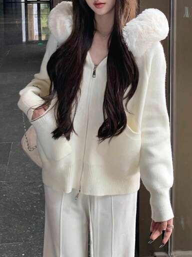 Cozy Fur Collar Hooded Knit Sweater Cardigan For Women, Loose And Slimming, Autumn