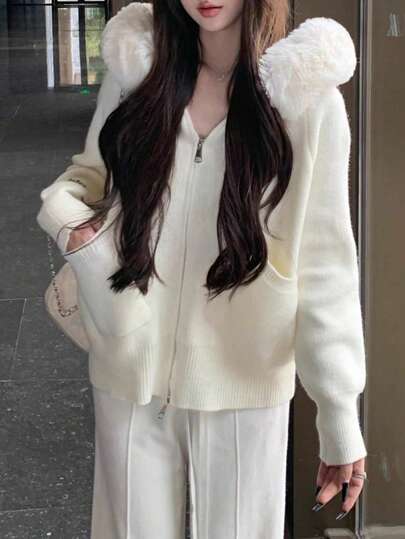 Cozy Fur Collar Hooded Knit Sweater Cardigan For Women, Loose And Slimming, Autumn