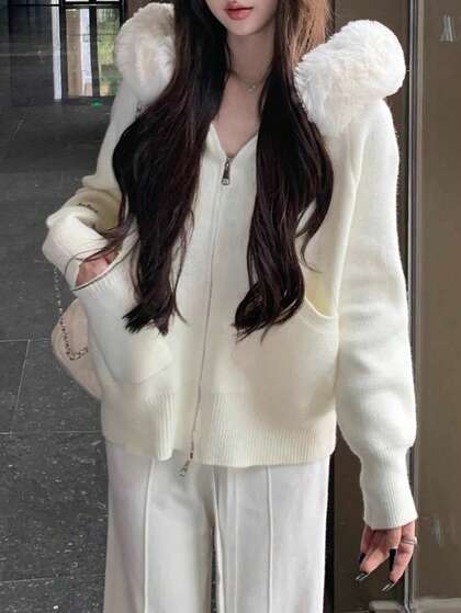 Cozy Fur Collar Hooded Knit Sweater Cardigan For Women, Loose And Slimming, Autumn