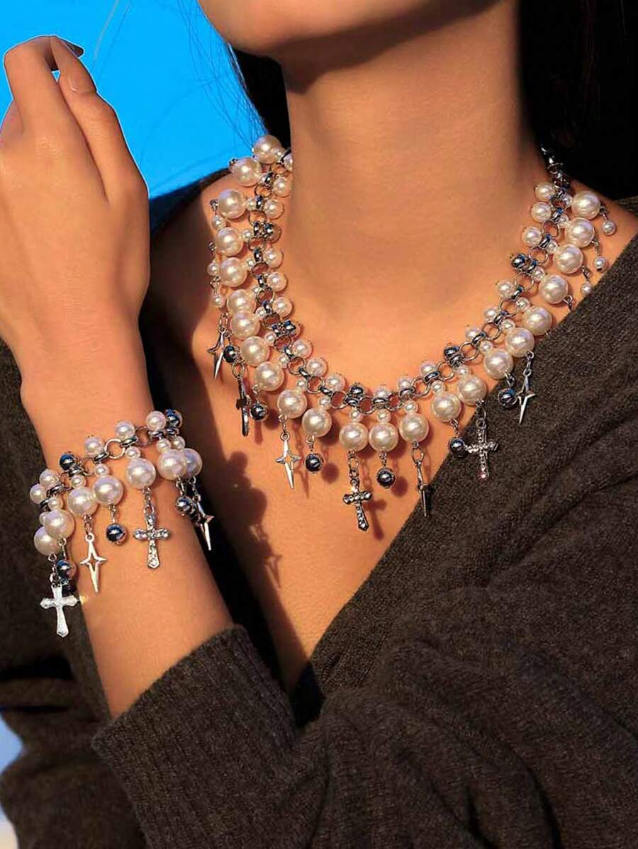 1/2 件套时尚优雅多层（人造）珍珠不对称项链和手链配饰套装，适合日常/派对佩戴 - 彩色 - 查看 1