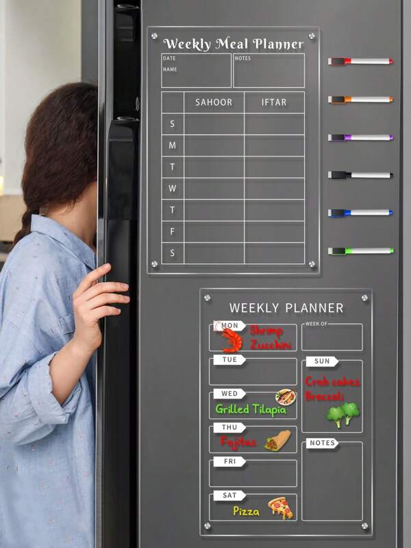 1 planner semanal branco 3D magnético para geladeira, quadro de notas acrílico minimalista apagável (vem com 6 canetas magnéticas para quadro branco)