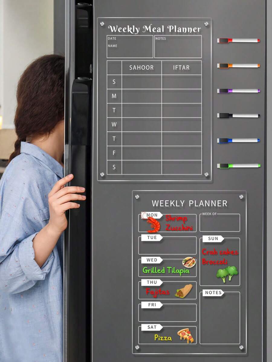 1pc Weekly Planner White 3D Magnetic Fridge Planner Board, Erasable Minimalist Acrylic Memo Board (Comes With 6 Magnetic Whiteboard Pens)