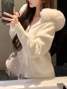 Cozy Fur Collar Hooded Knit Sweater Cardigan For Women, Loose And Slimming, Autumn