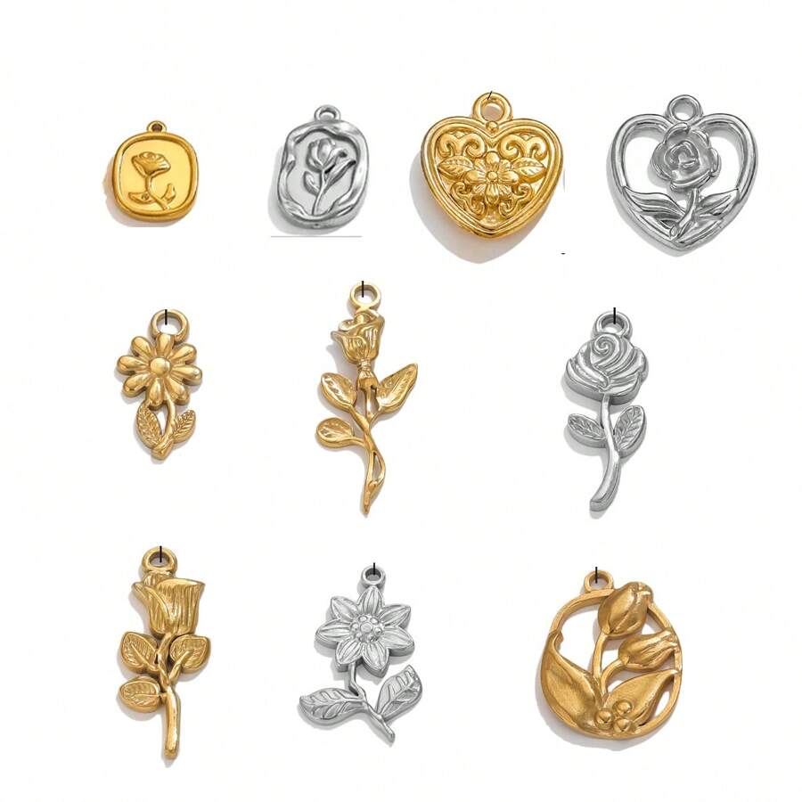 5 件 304 不锈钢 18k 镀金复古玫瑰吊坠项链手链带心形 DIY 配件，叶子吊坠 - 花 - 查看 1